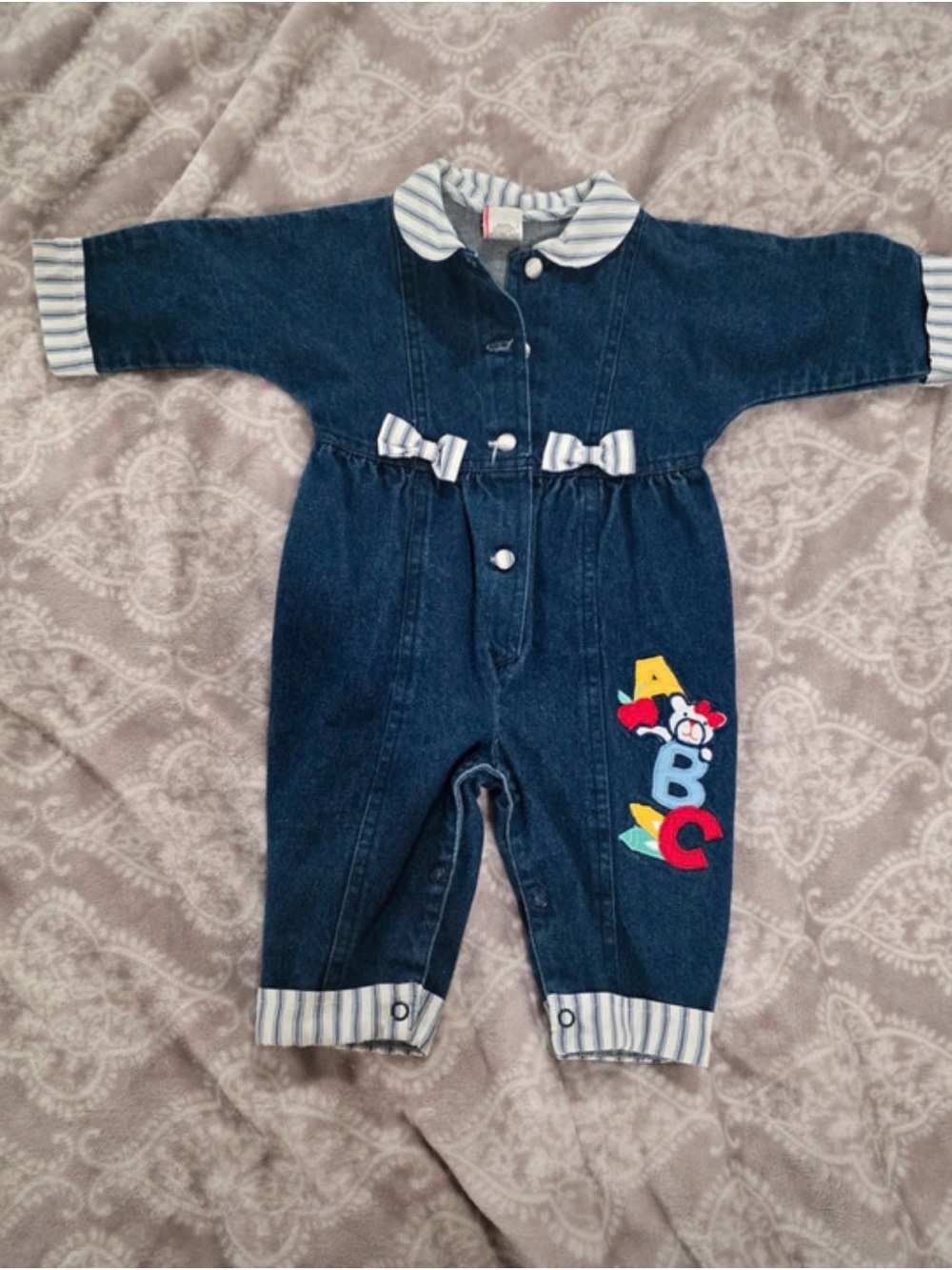 Vintage Dark Blue Denim Baby One-Piece with Multicolor ABC Patch